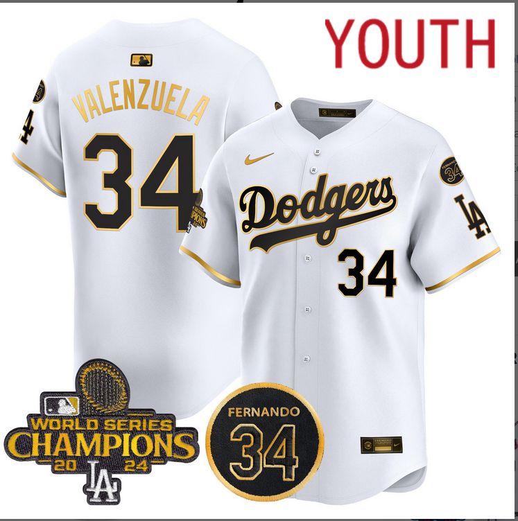 Youth MLB Los Angeles Dodgers 34 Valenzuela white 2024 World Series Champions Patch Limited Jersey style 3